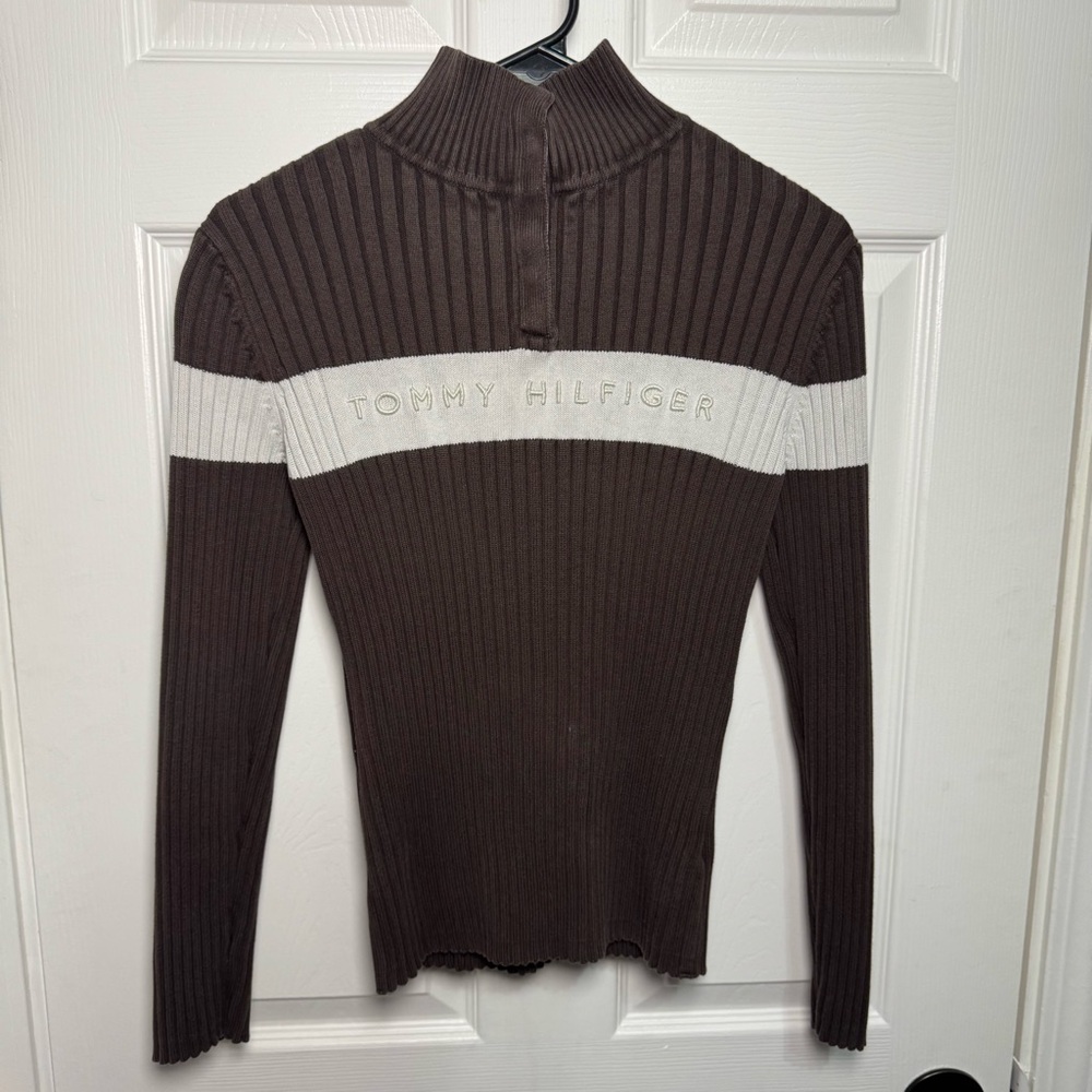 Tommy Hilfiger Chocolate and Cream Ribbed Turtleneck
